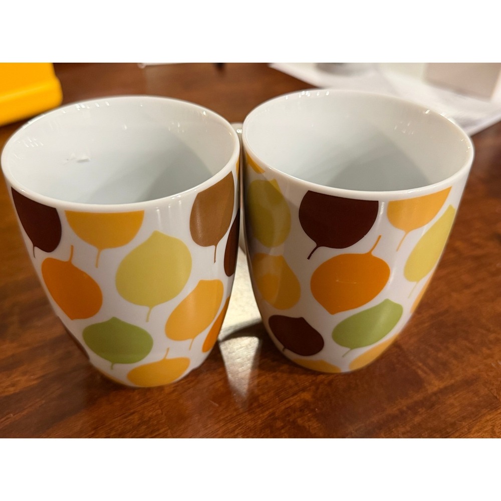 Rachael Ray Little Hoot Owl Leaf Pattern Coffee Mug Cup Set of 2